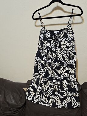 Nine West Black and White Printed Spaghetti-Strap Mini Dress